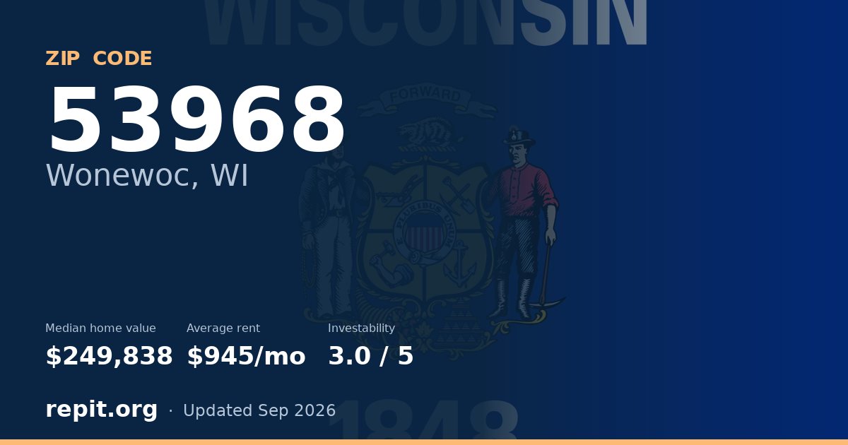 ZIP code 53968 (Wonewoc, WI) — median home value $249,838, average rent $945/mo