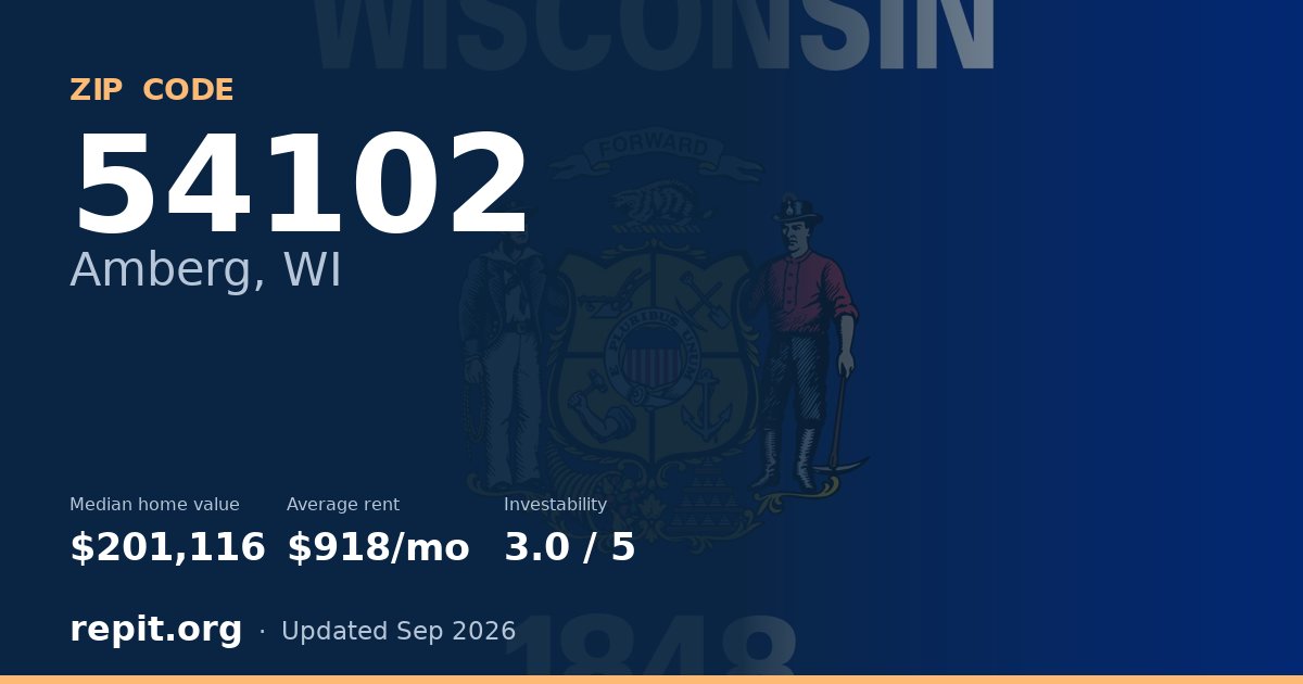 ZIP code 54102 (Amberg, WI) — median home value $201,116, average rent $918/mo
