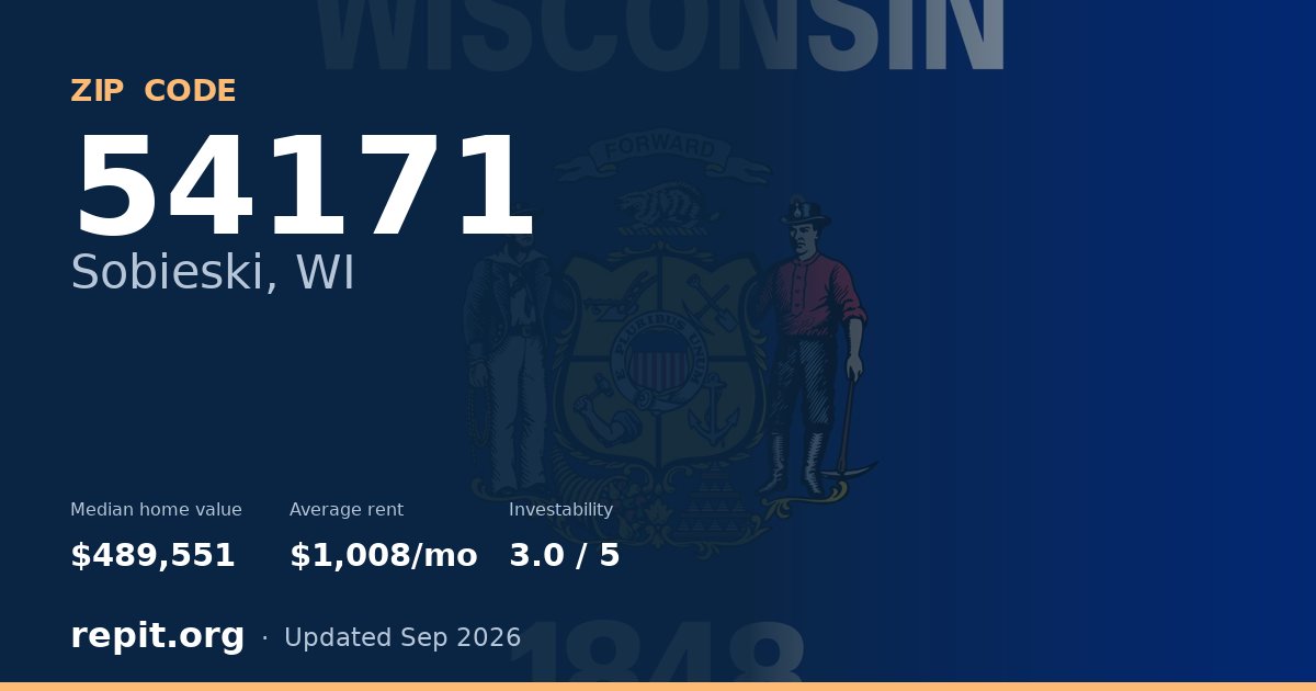 ZIP code 54171 (Sobieski, WI) — median home value $489,551, average rent $1,008/mo
