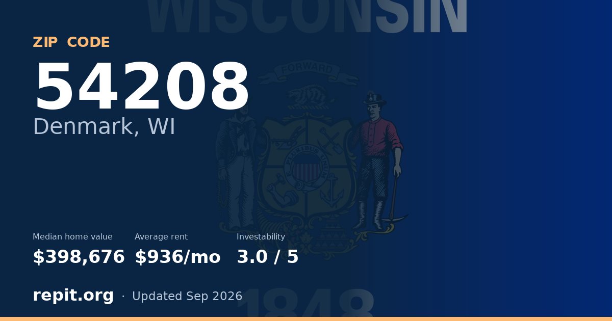 ZIP code 54208 (Denmark, WI) — median home value $398,676, average rent $936/mo
