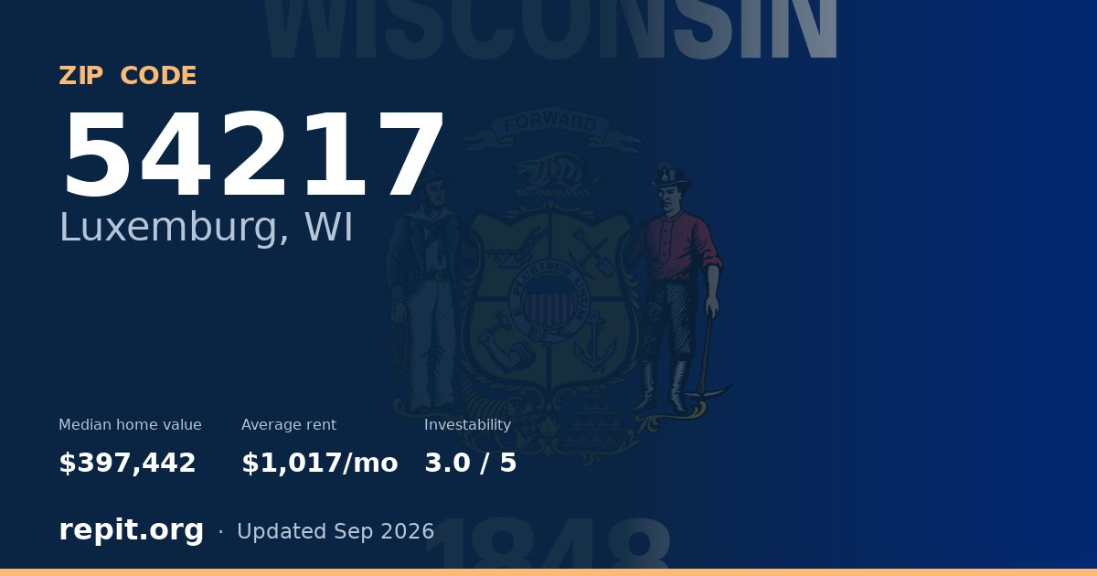 ZIP code 54217 (Luxemburg, WI) — median home value $397,442, average rent $1,017/mo
