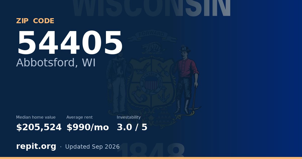 ZIP code 54405 (Abbotsford, WI) — median home value $205,524, average rent $990/mo