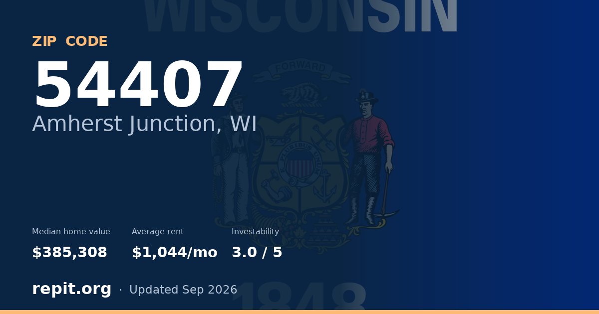 ZIP code 54407 (Amherst Junction, WI) — median home value $385,308, average rent $1,044/mo