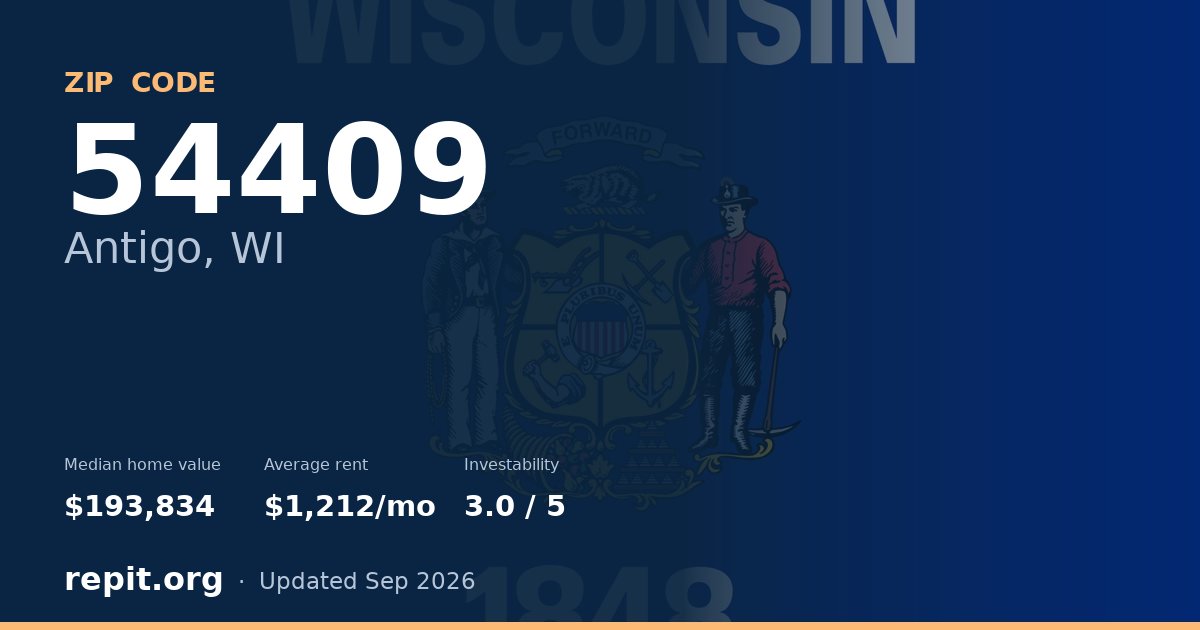 ZIP code 54409 (Antigo, WI) — median home value $193,834, average rent $1,212/mo