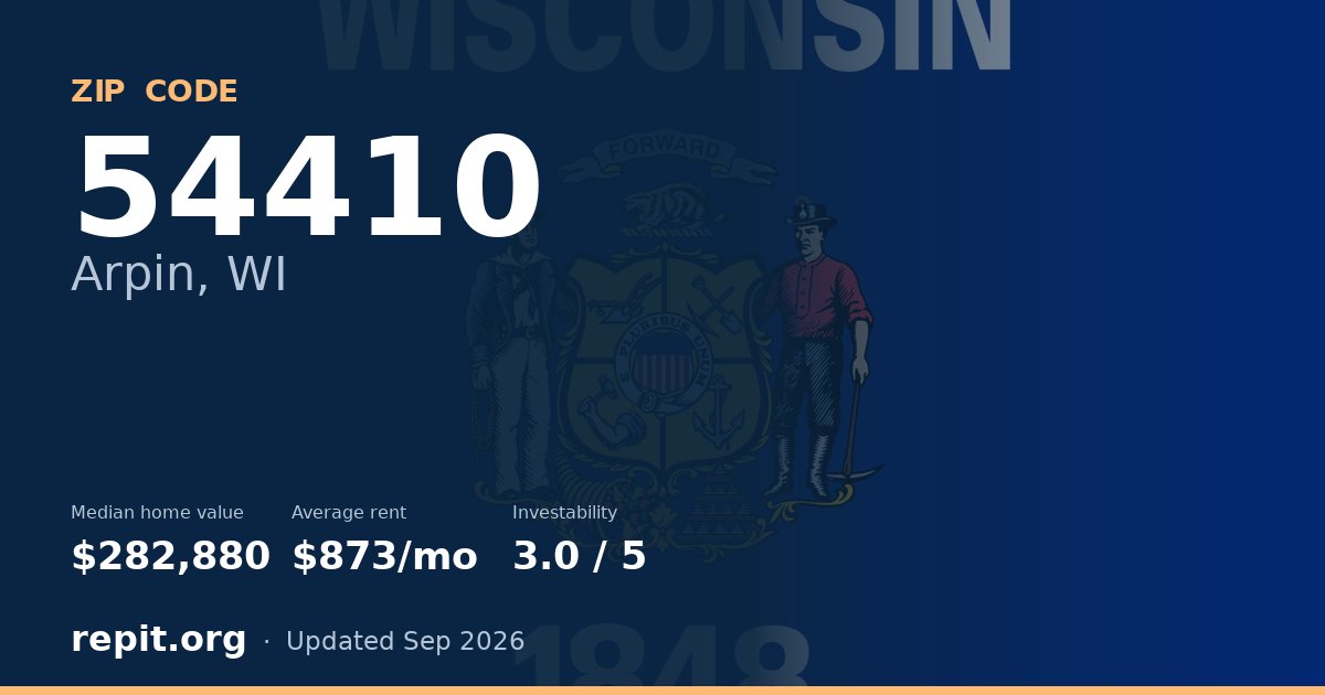 ZIP code 54410 (Arpin, WI) — median home value $282,880, average rent $873/mo