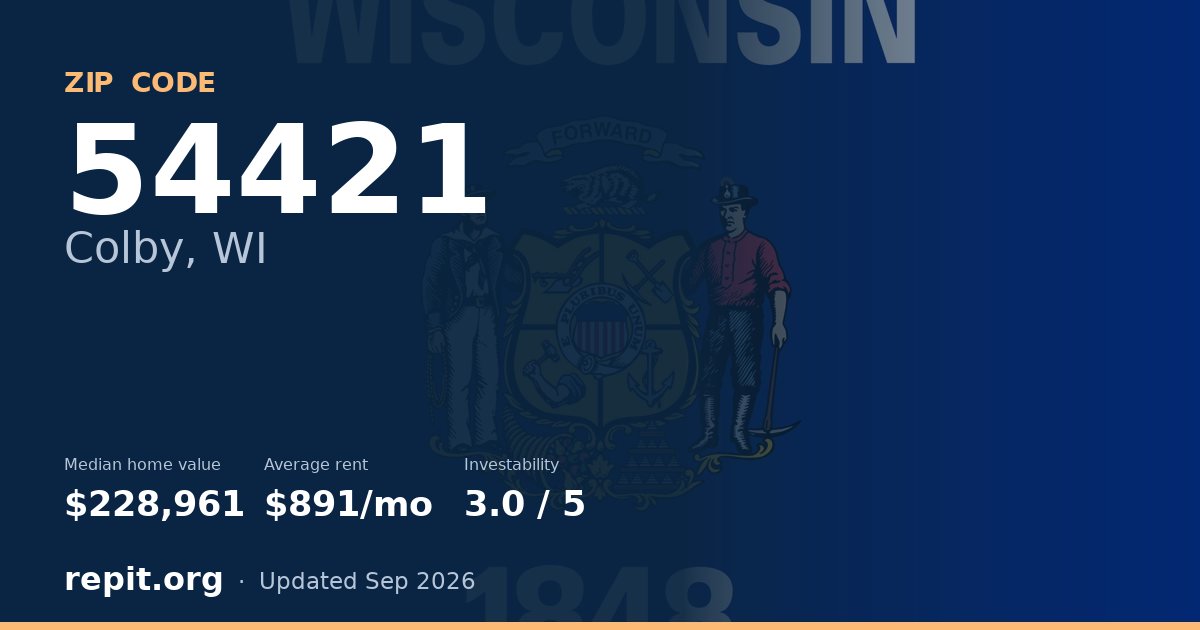 ZIP code 54421 (Colby, WI) — median home value $228,961, average rent $891/mo