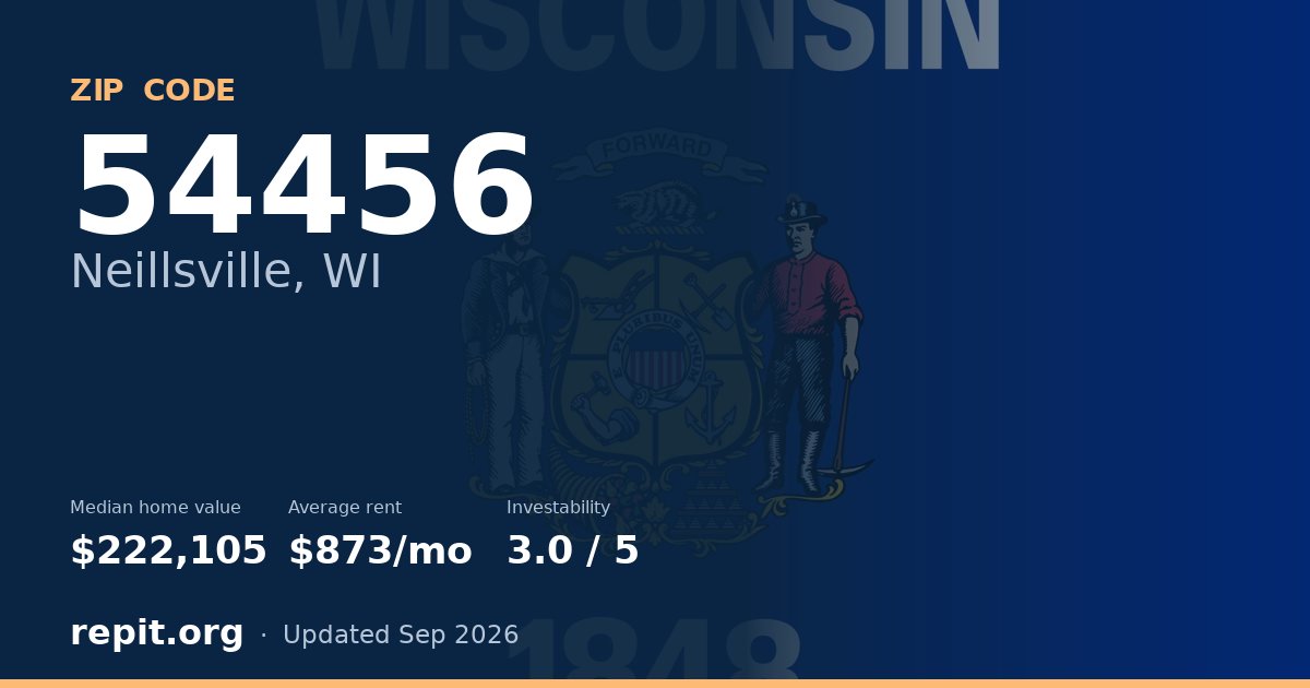 ZIP code 54456 (Neillsville, WI) — median home value $222,105, average rent $873/mo
