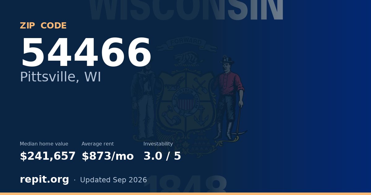 ZIP code 54466 (Pittsville, WI) — median home value $241,657, average rent $873/mo