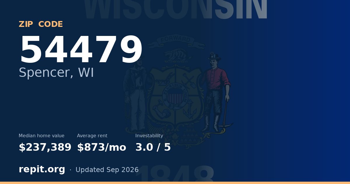 ZIP code 54479 (Spencer, WI) — median home value $237,389, average rent $873/mo