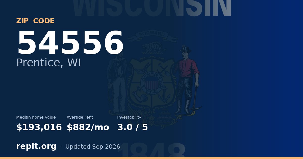 ZIP code 54556 (Prentice, WI) — median home value $193,016, average rent $882/mo