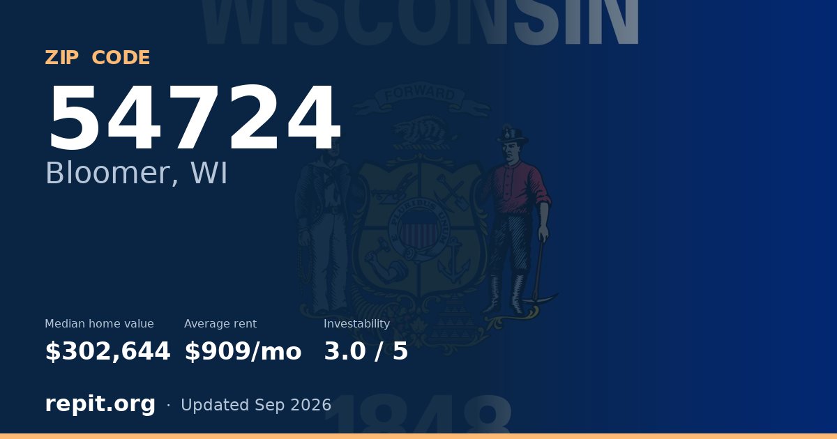 ZIP code 54724 (Bloomer, WI) — median home value $302,644, average rent $909/mo
