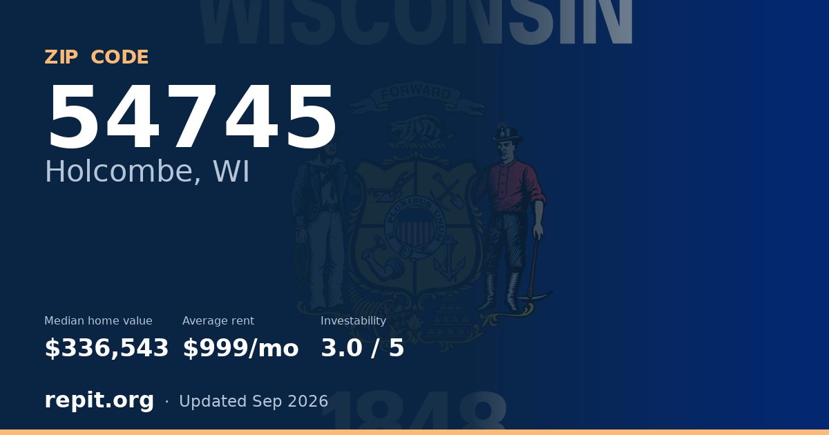 ZIP code 54745 (Holcombe, WI) — median home value $336,543, average rent $999/mo