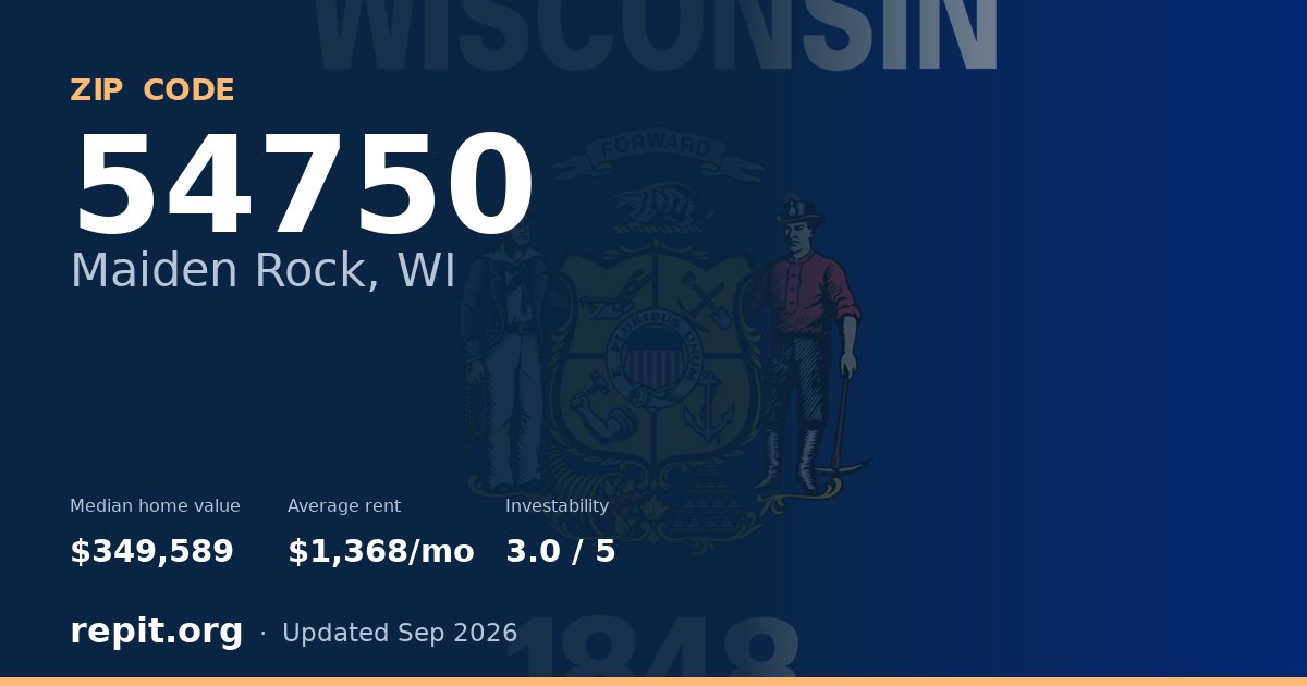 ZIP code 54750 (Maiden Rock, WI) — median home value $349,589, average rent $1,368/mo