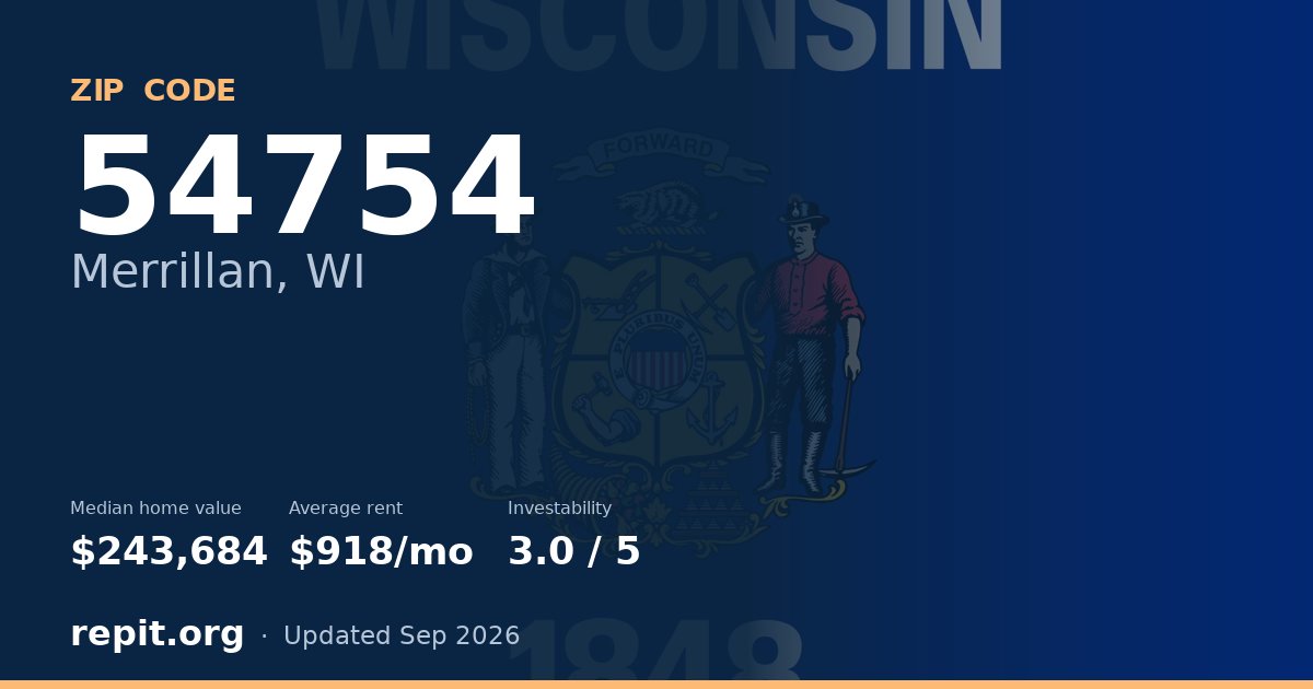 ZIP code 54754 (Merrillan, WI) — median home value $243,684, average rent $918/mo