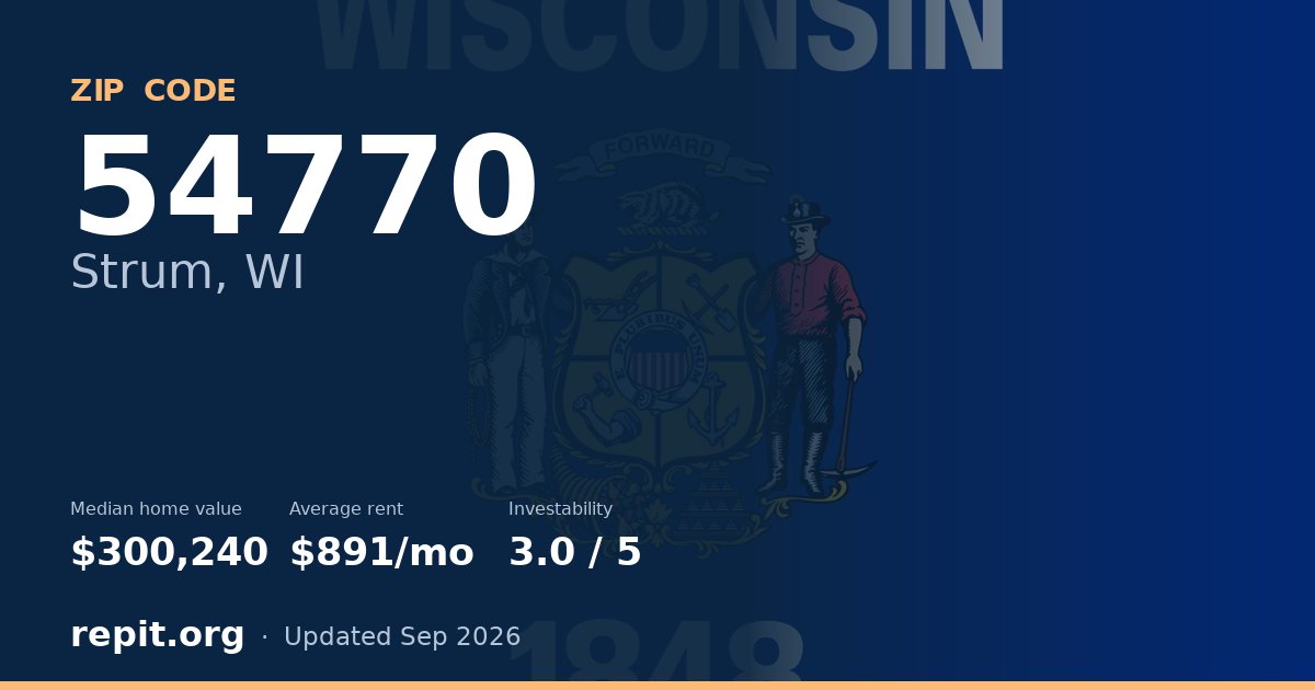 ZIP code 54770 (Strum, WI) — median home value $300,240, average rent $891/mo