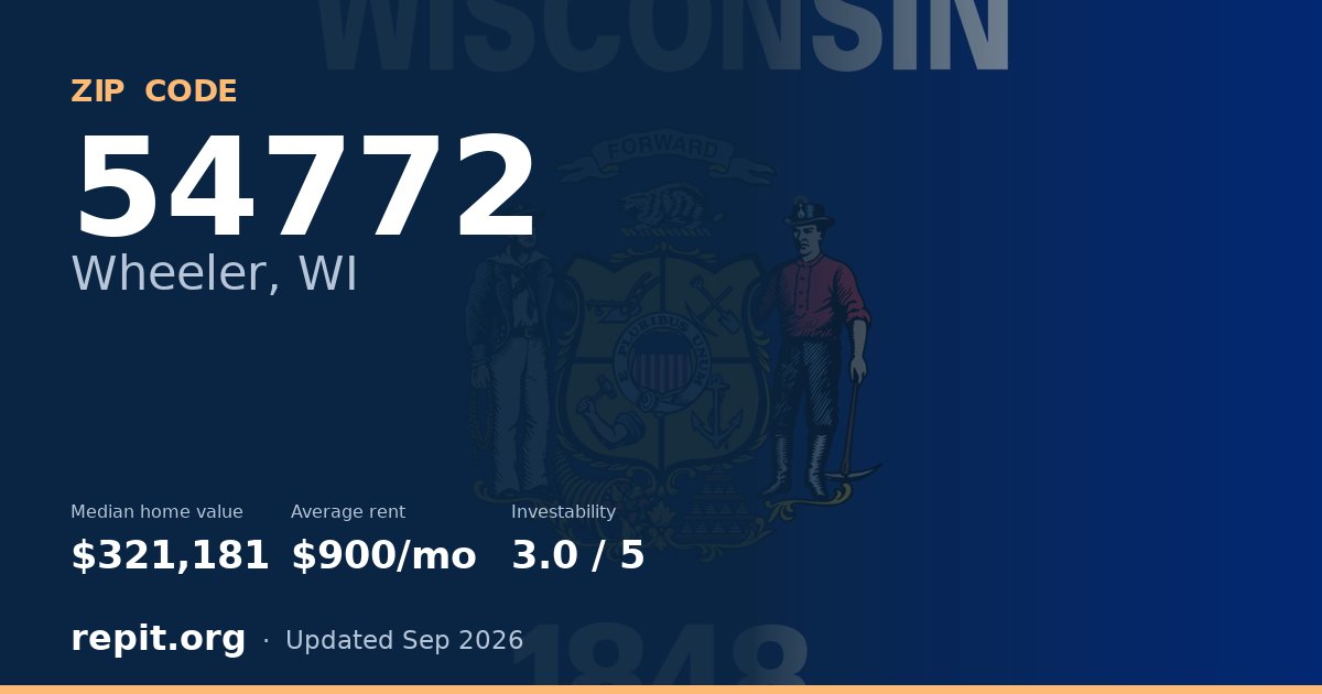 ZIP code 54772 (Wheeler, WI) — median home value $321,181, average rent $900/mo