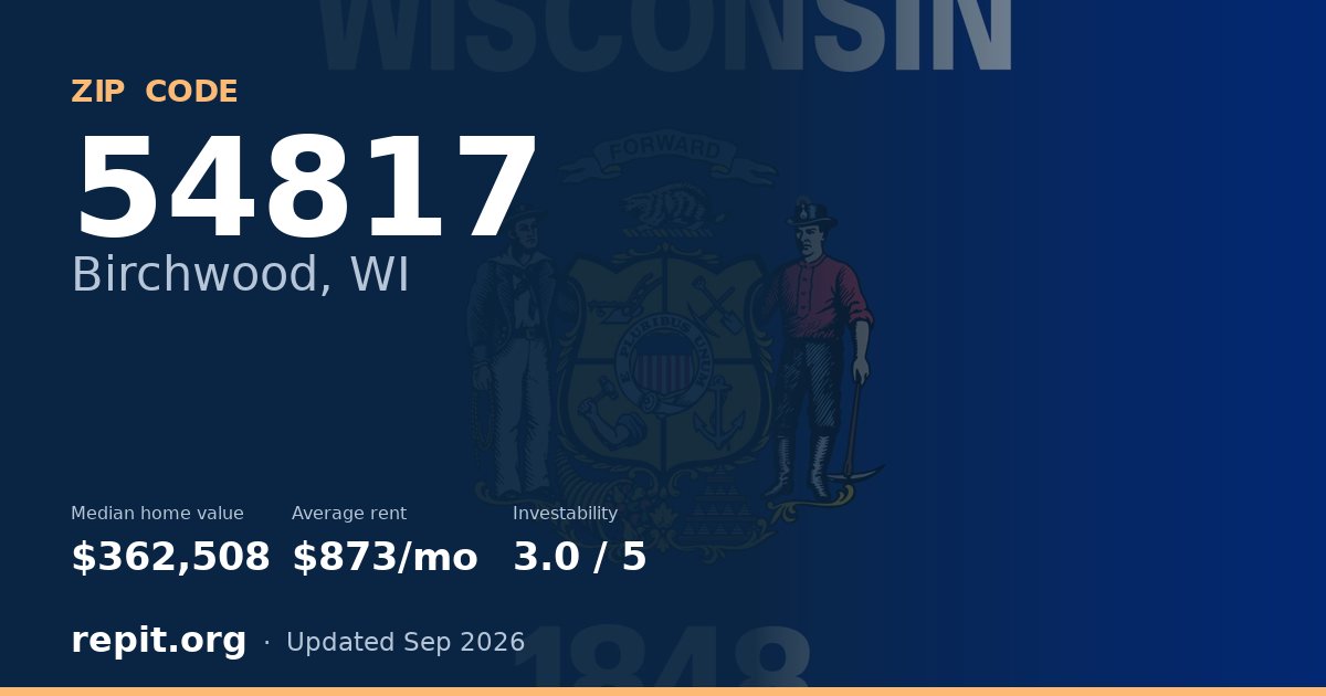ZIP code 54817 (Birchwood, WI) — median home value $362,508, average rent $873/mo