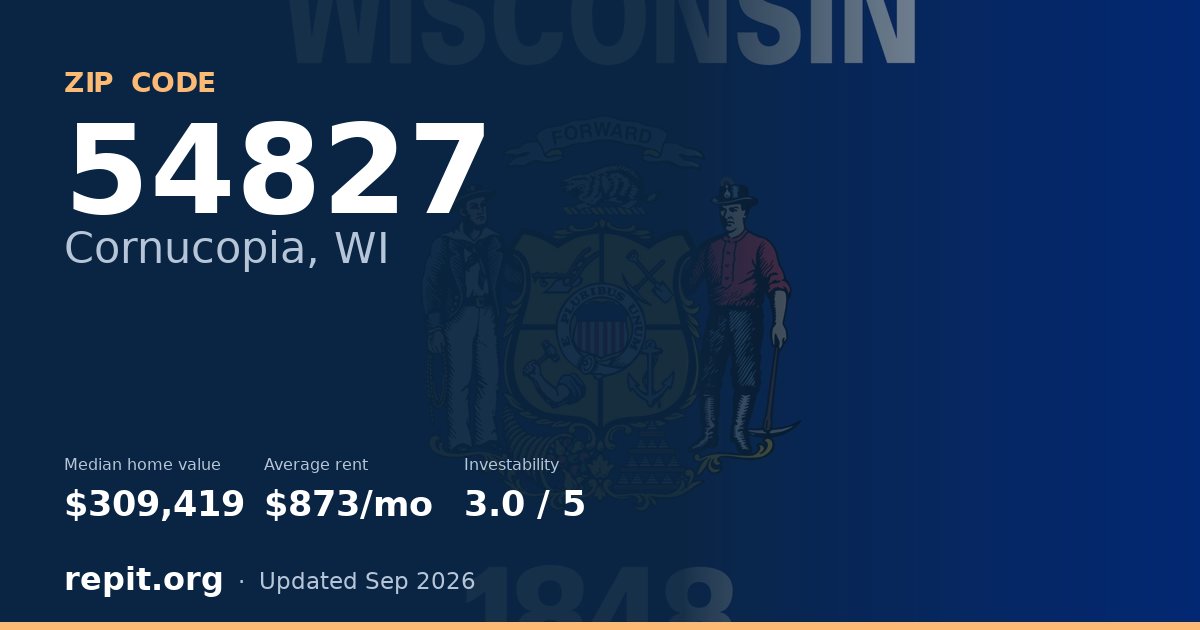 ZIP code 54827 (Cornucopia, WI) — median home value $309,419, average rent $873/mo