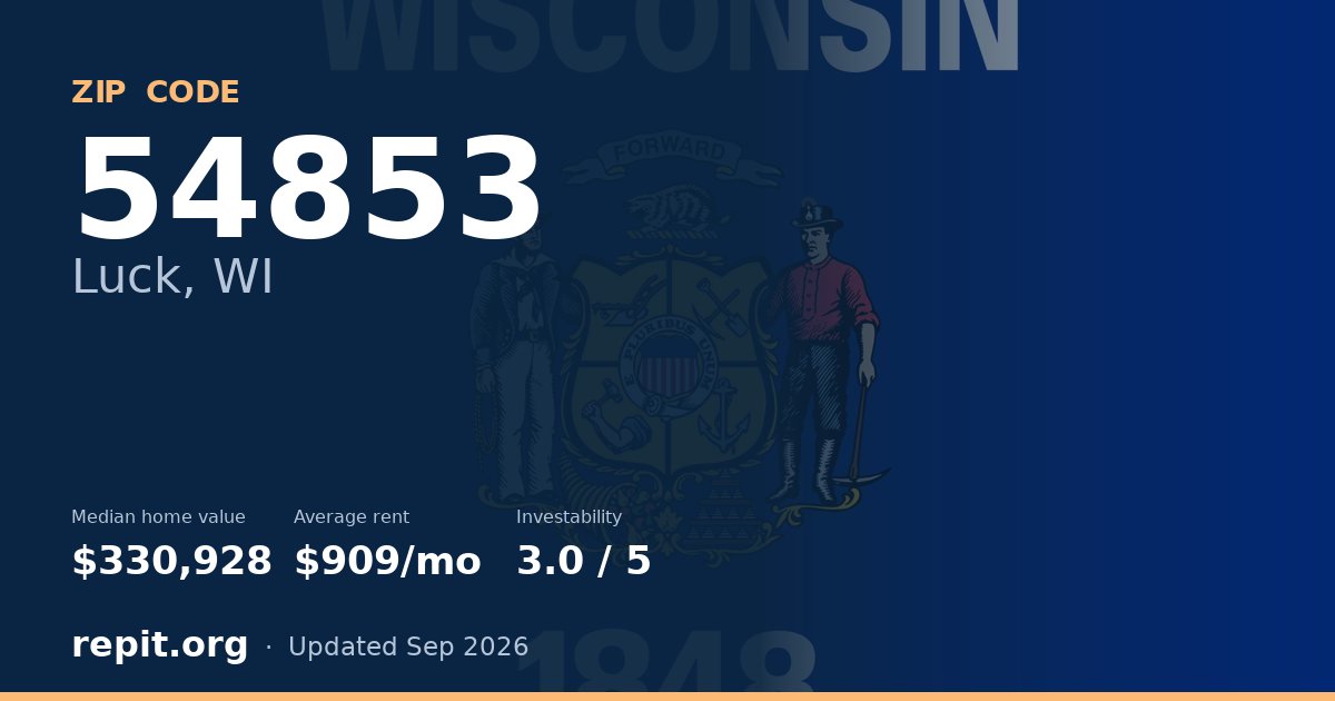 ZIP code 54853 (Luck, WI) — median home value $330,928, average rent $909/mo