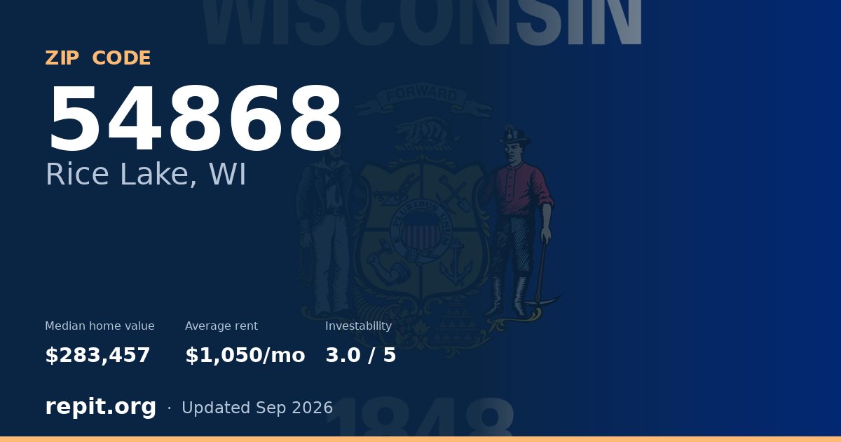 ZIP code 54868 (Rice Lake, WI) — median home value $283,457, average rent $1,050/mo