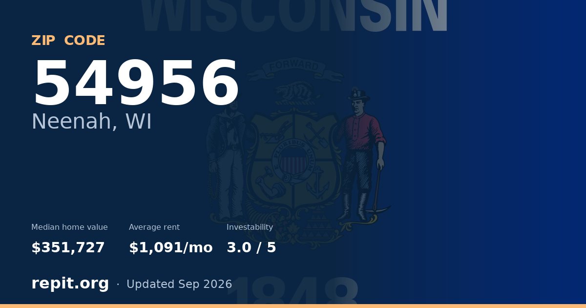 ZIP code 54956 (Neenah, WI) — median home value $351,727, average rent $1,091/mo