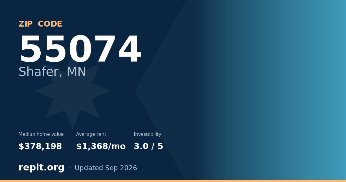 ZIP code 55074 (Shafer, MN) — median home value $378,198, average rent $1,368/mo