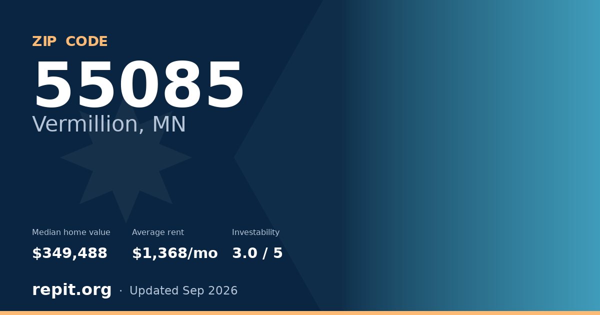 ZIP code 55085 (Vermillion, MN) — median home value $349,488, average rent $1,368/mo