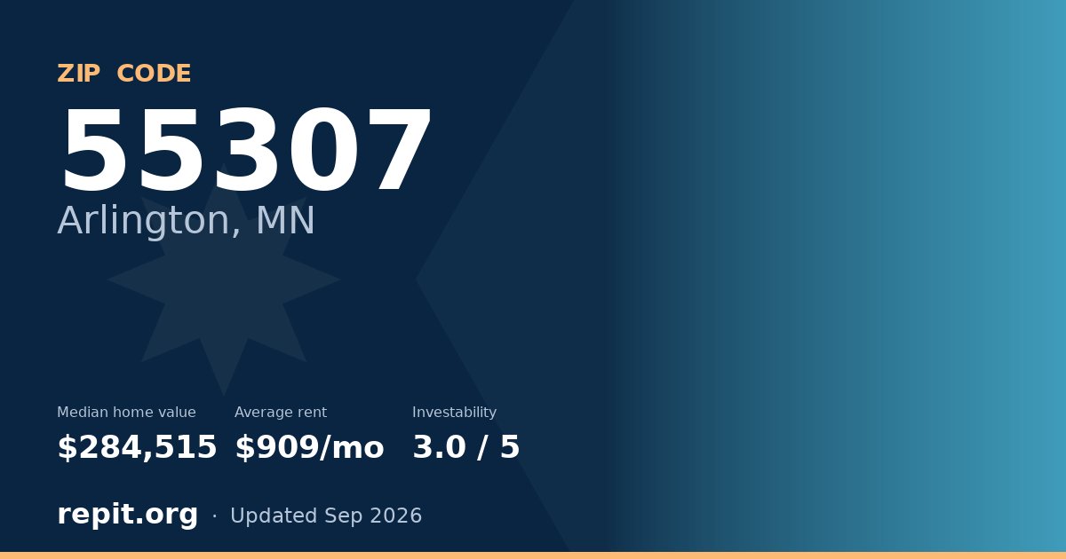 ZIP code 55307 (Arlington, MN) — median home value $284,515, average rent $909/mo