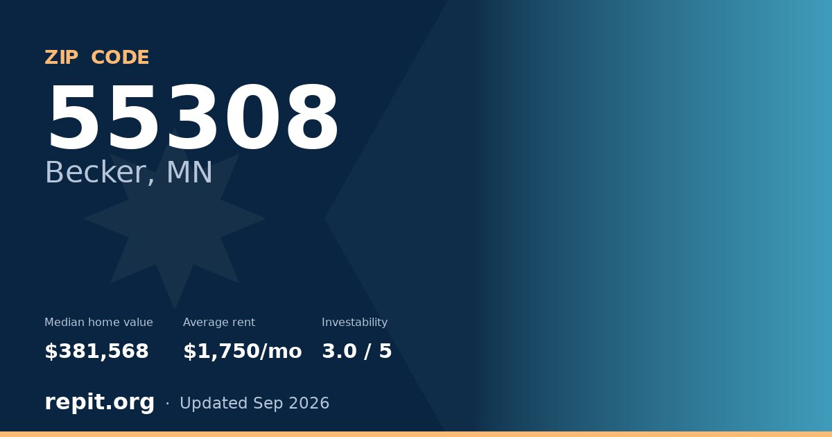 ZIP code 55308 (Becker, MN) — median home value $381,568, average rent $1,750/mo