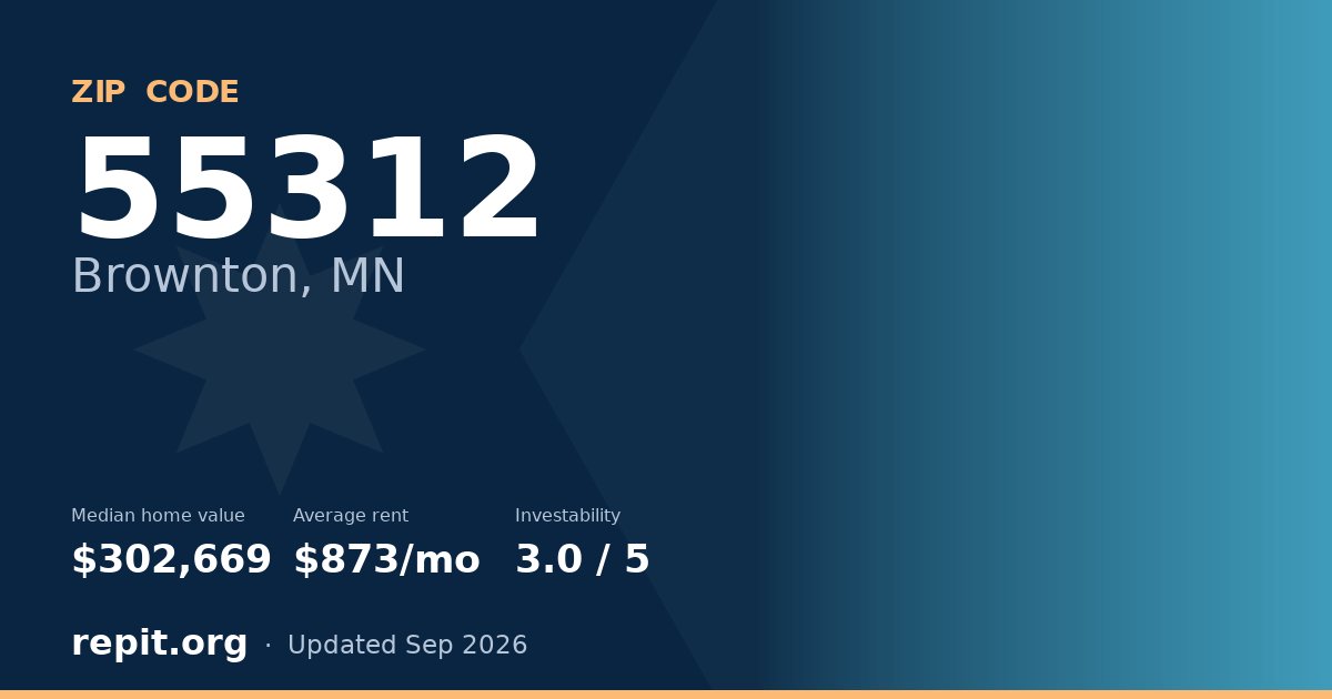 ZIP code 55312 (Brownton, MN) — median home value $302,669, average rent $873/mo