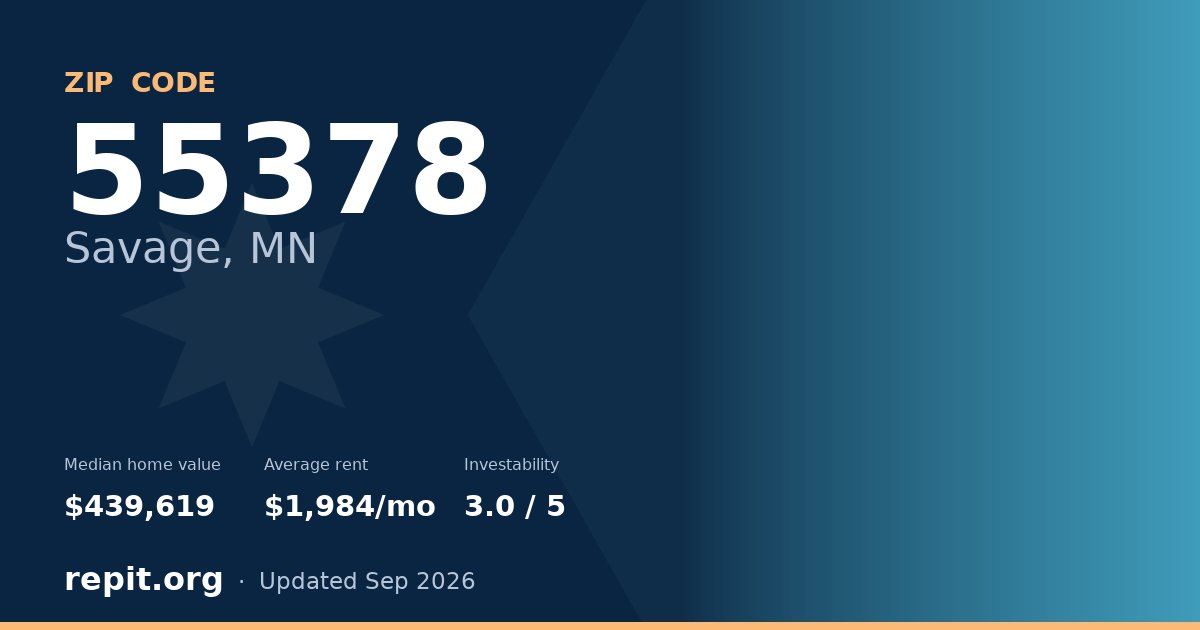 ZIP code 55378 (Savage, MN) — median home value $439,619, average rent $1,984/mo