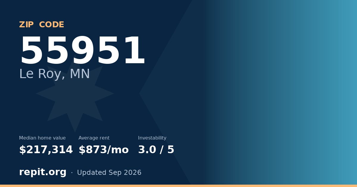 ZIP code 55951 (Le Roy, MN) — median home value $217,314, average rent $873/mo