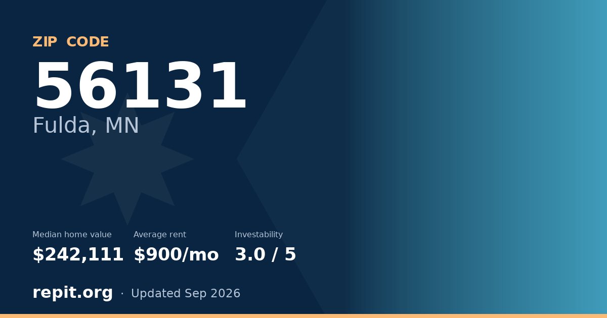 ZIP code 56131 (Fulda, MN) — median home value $242,111, average rent $900/mo