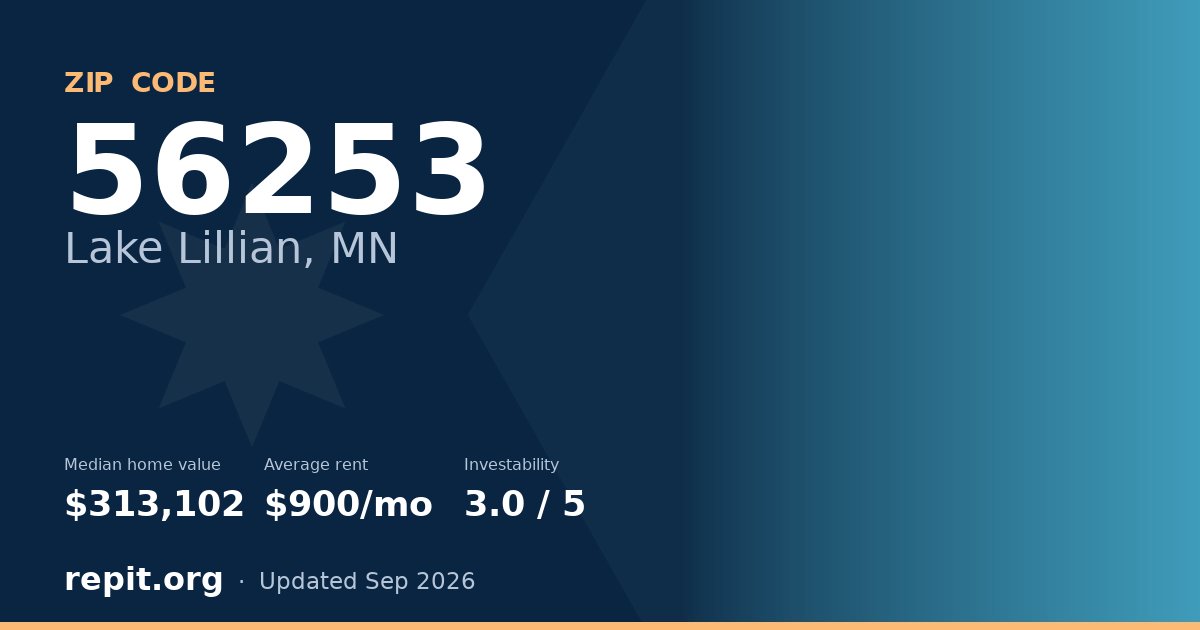 ZIP code 56253 (Lake Lillian, MN) — median home value $313,102, average rent $900/mo
