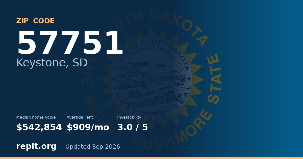 ZIP code 57751 (Keystone, SD) — median home value $542,854, average rent $909/mo