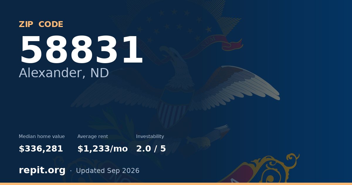 ZIP code 58831 (Alexander, ND) — median home value $336,281, average rent $1,233/mo