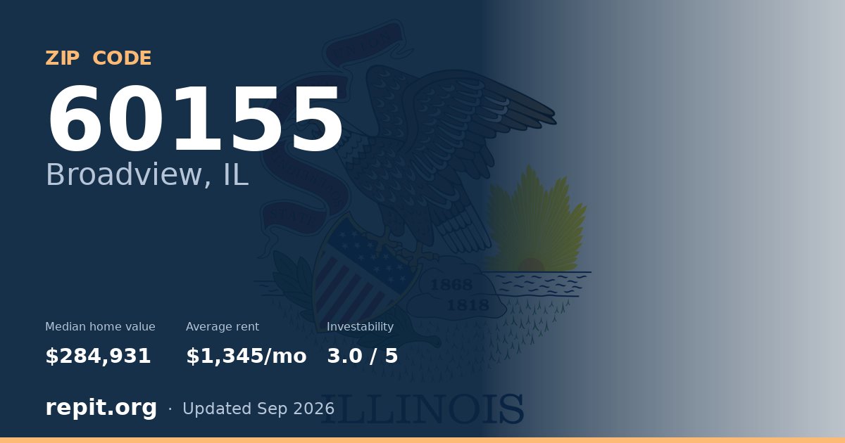 ZIP code 60155 (Broadview, IL) — median home value $284,931, average rent $1,345/mo