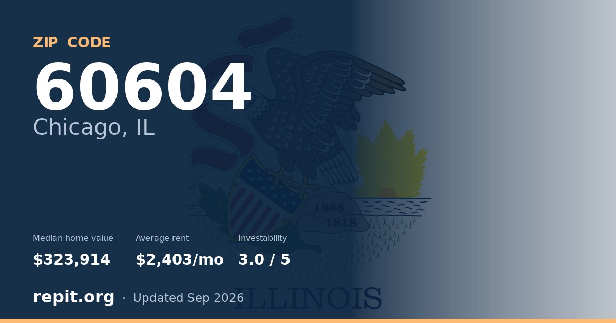 ZIP code 60604 (Chicago, IL) — median home value $323,914, average rent $2,403/mo