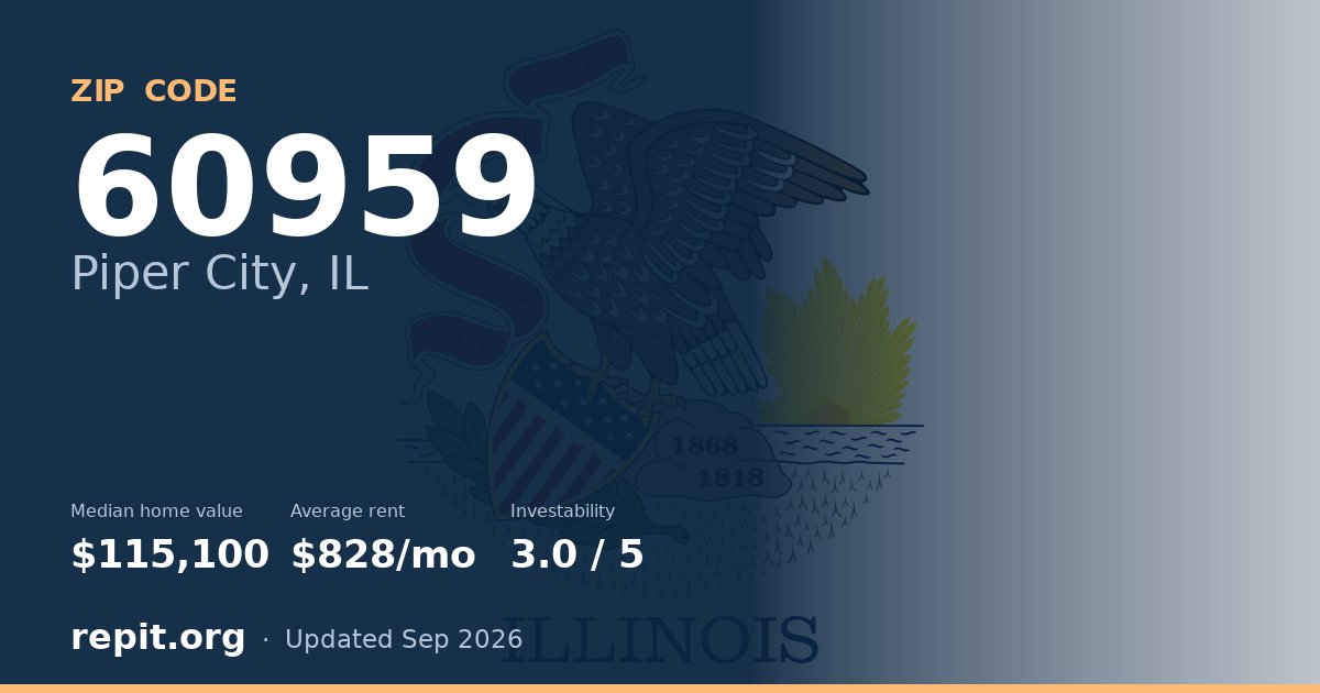 ZIP code 60959 (Piper City, IL) — median home value $115,100, average rent $828/mo