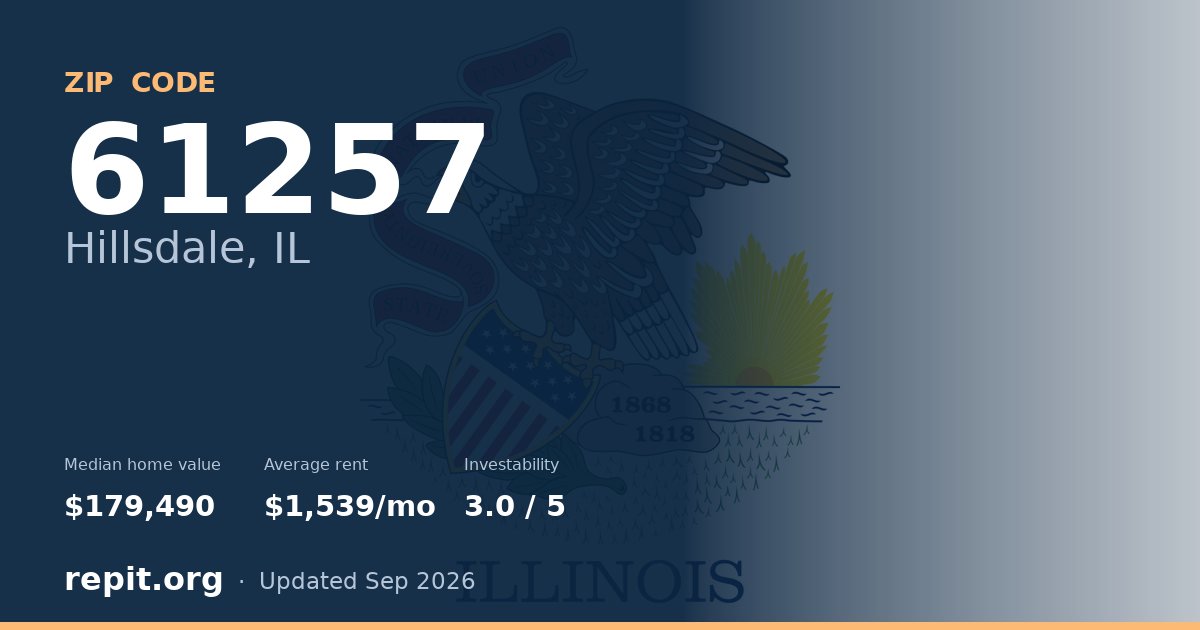 ZIP code 61257 (Hillsdale, IL) — median home value $179,490, average rent $1,539/mo