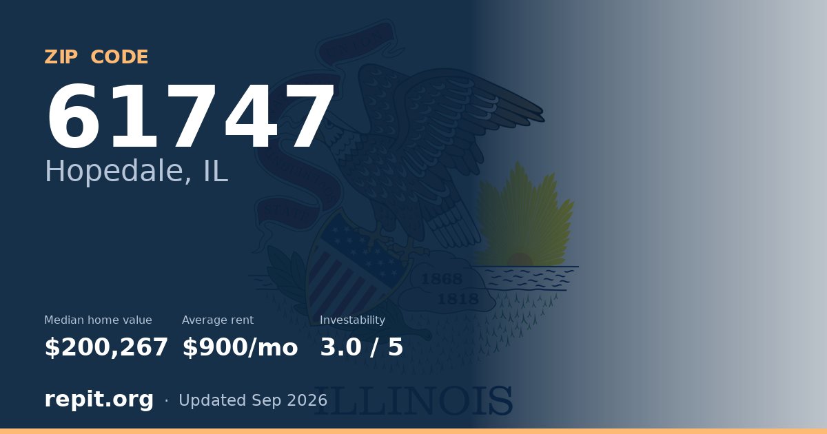 ZIP code 61747 (Hopedale, IL) — median home value $200,267, average rent $900/mo