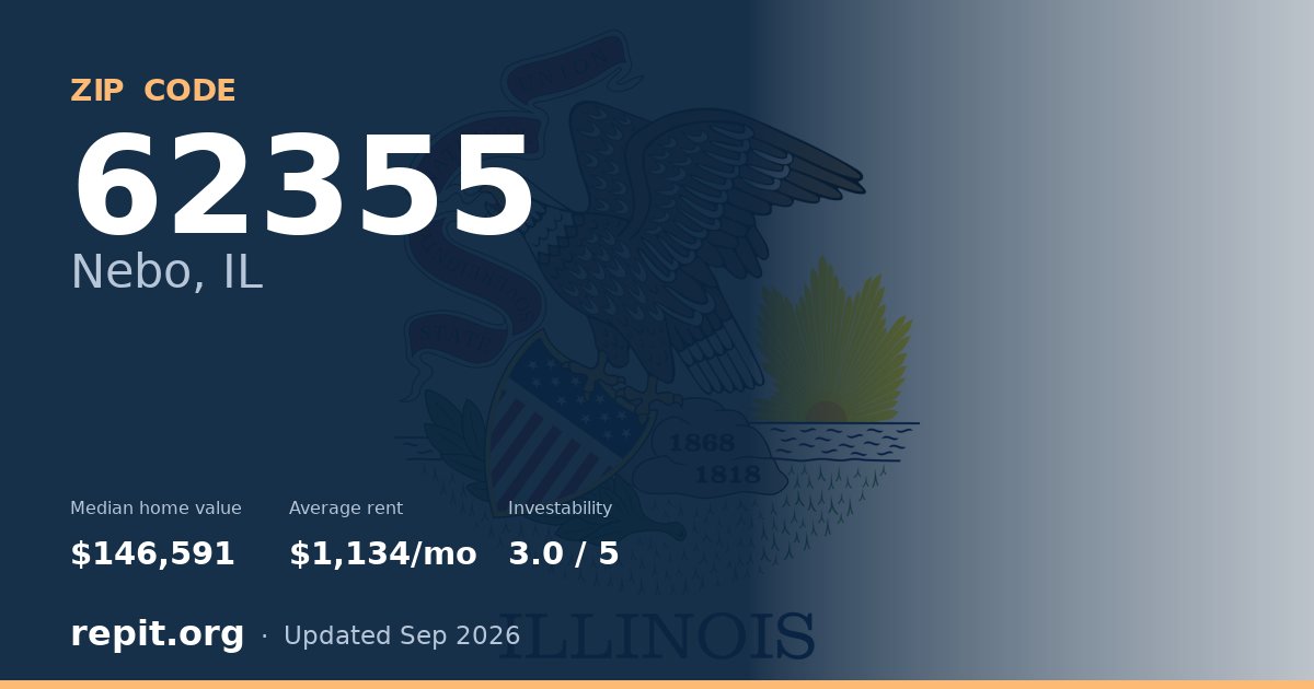 ZIP code 62355 (Nebo, IL) — median home value $146,591, average rent $1,134/mo