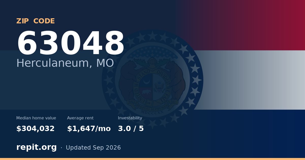 ZIP code 63048 (Herculaneum, MO) — median home value $304,032, average rent $1,647/mo