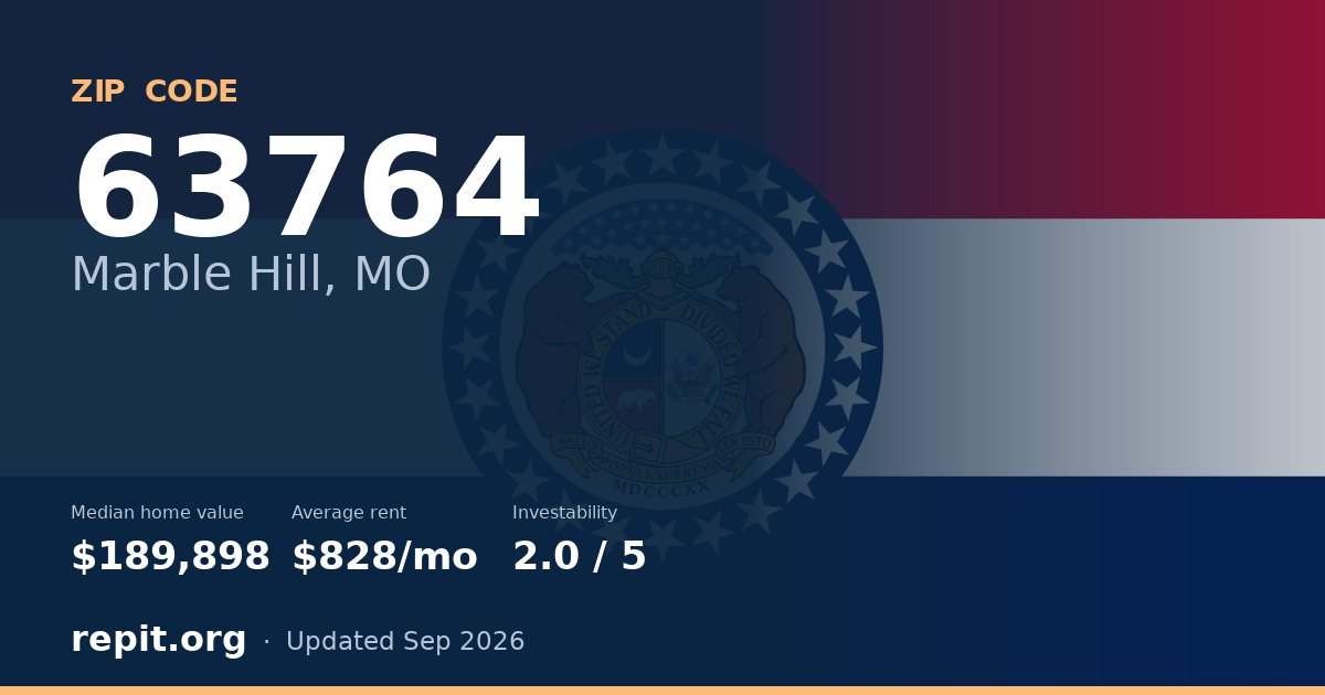 ZIP code 63764 (Marble Hill, MO) — median home value $189,898, average rent $828/mo