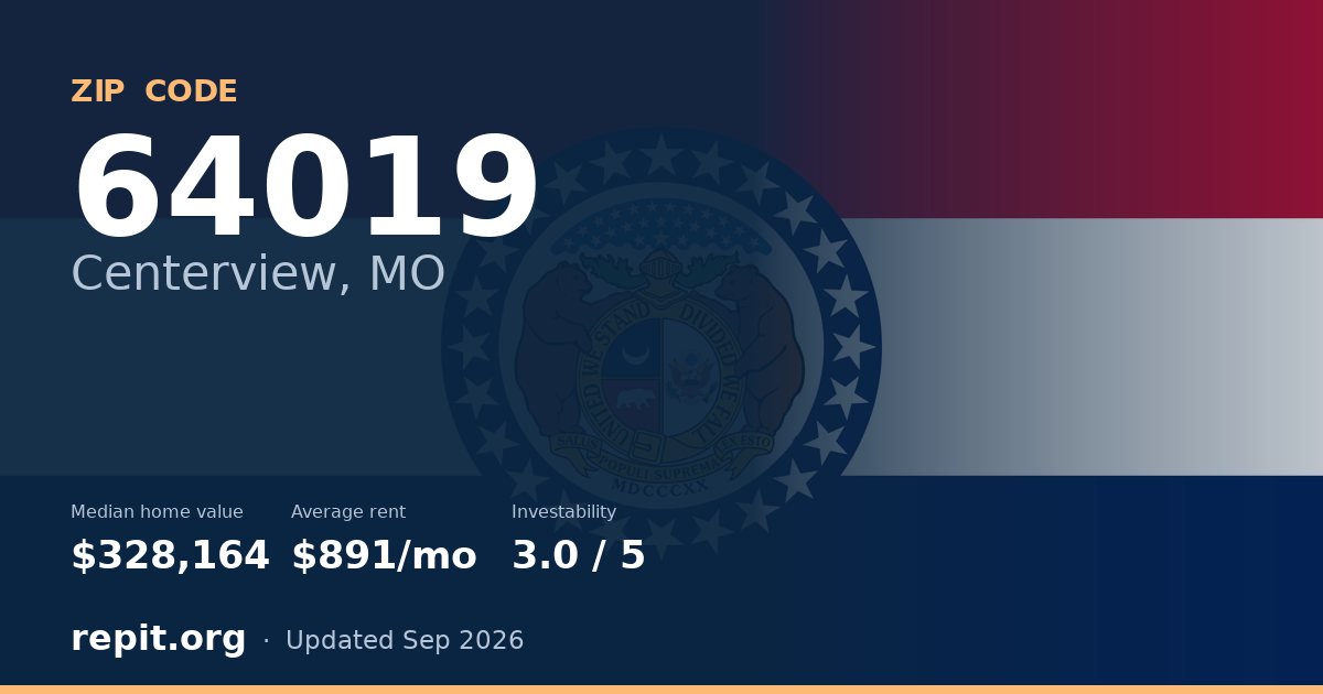 ZIP code 64019 (Centerview, MO) — median home value $328,164, average rent $891/mo