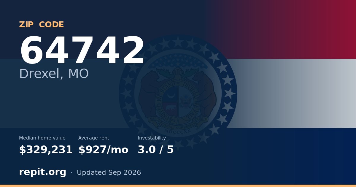 ZIP code 64742 (Drexel, MO) — median home value $329,231, average rent $927/mo