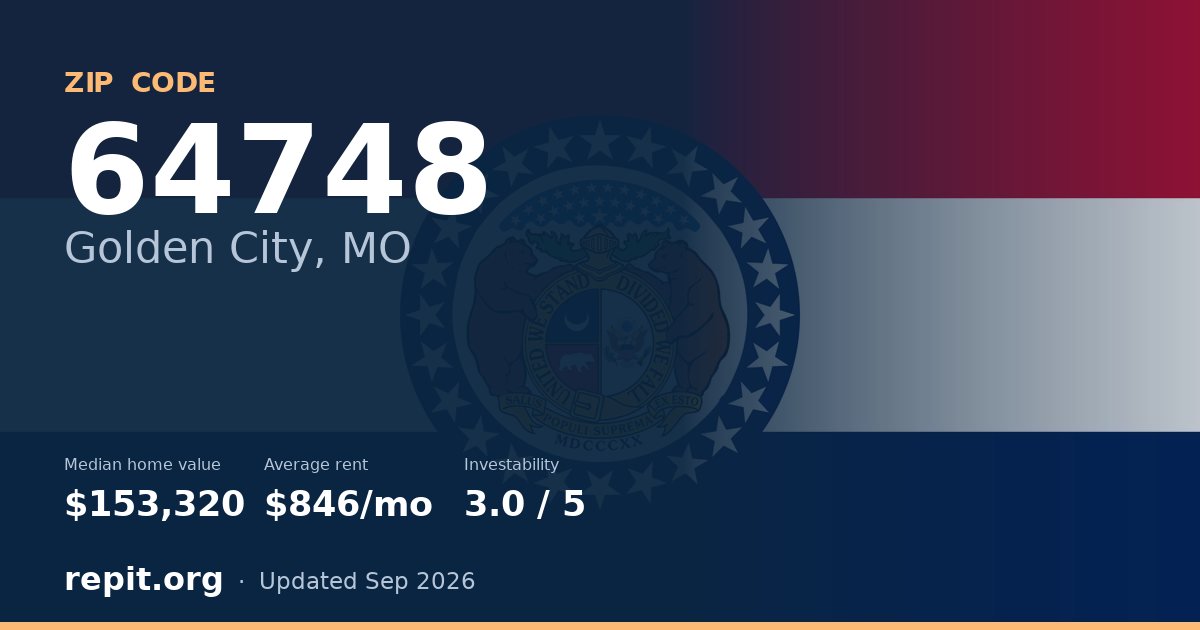 ZIP code 64748 (Golden City, MO) — median home value $153,320, average rent $846/mo