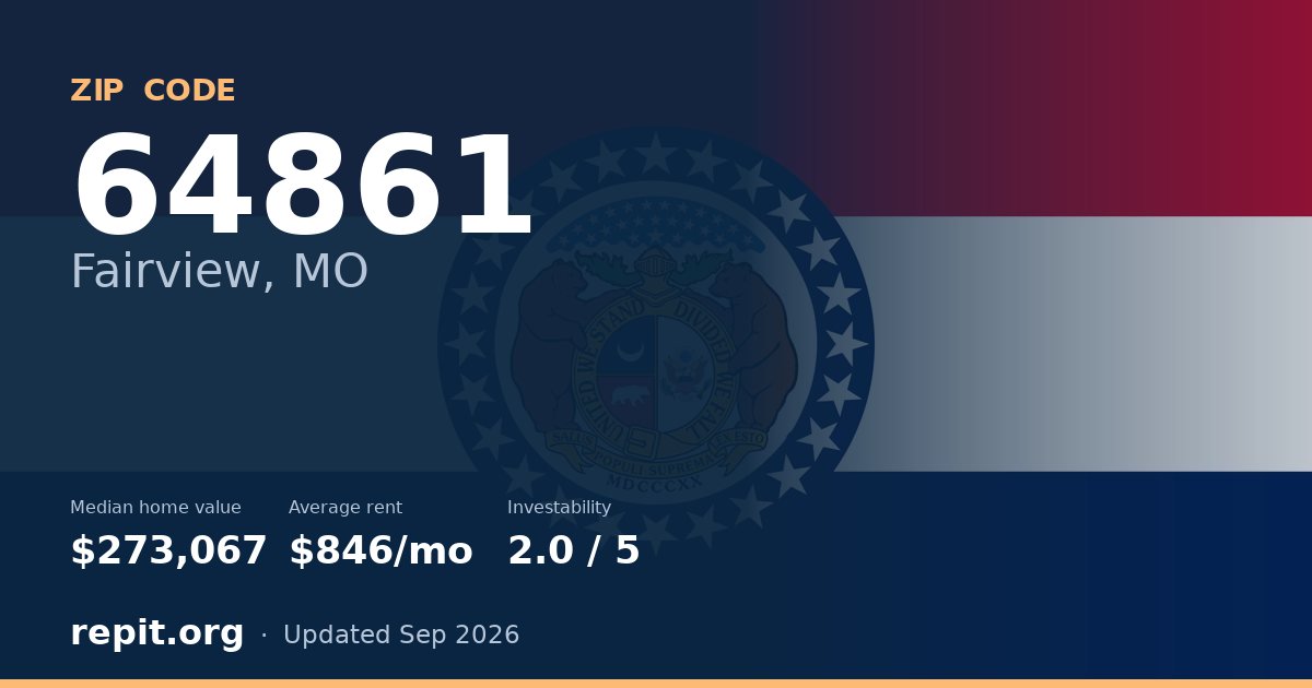ZIP code 64861 (Fairview, MO) — median home value $273,067, average rent $846/mo
