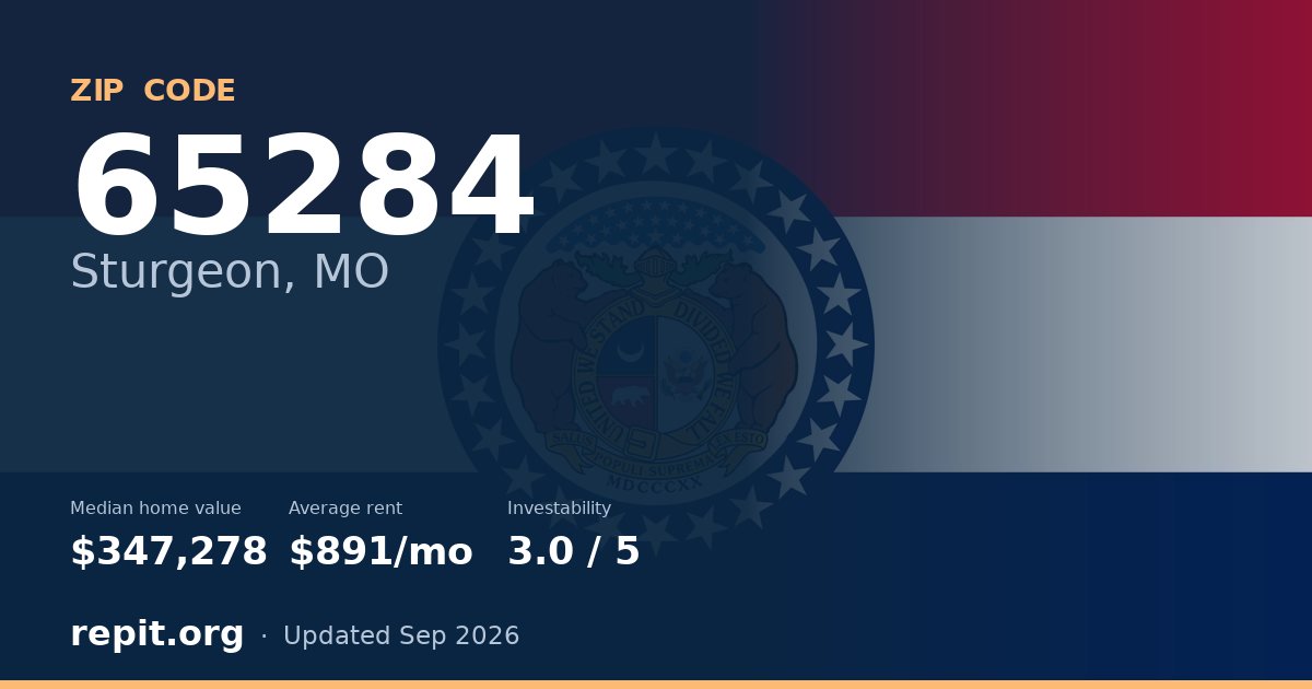 ZIP code 65284 (Sturgeon, MO) — median home value $347,278, average rent $891/mo