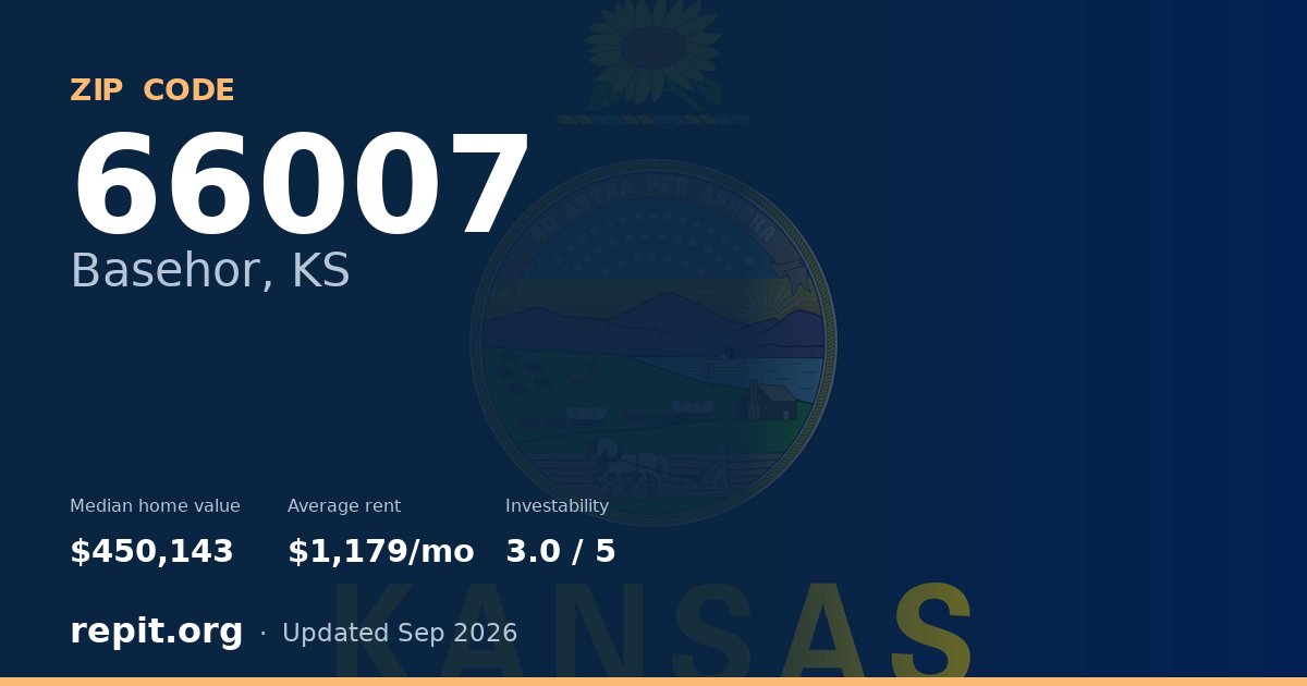 ZIP code 66007 (Basehor, KS) — median home value $450,143, average rent $1,179/mo